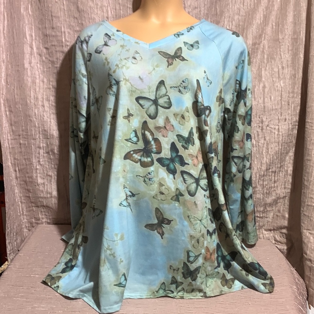 Butterfly Print Light Blue V-Neck Blouse